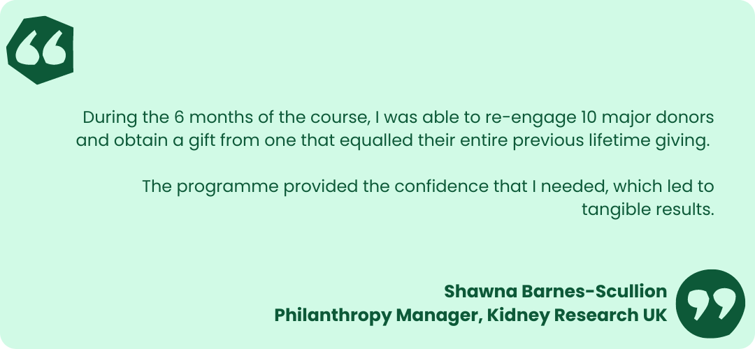 Light green box with dark green quote that reads- "During the 6 months of the course, I was able to re-engage 10 major donors and obtain a gift from one that equalled their entire previous lifetime giving. 
The programme provided the confidence that I needed, which led to tangible results." Shawna Barnes-Scullion
Philanthropy Manager, Kidney Research UK